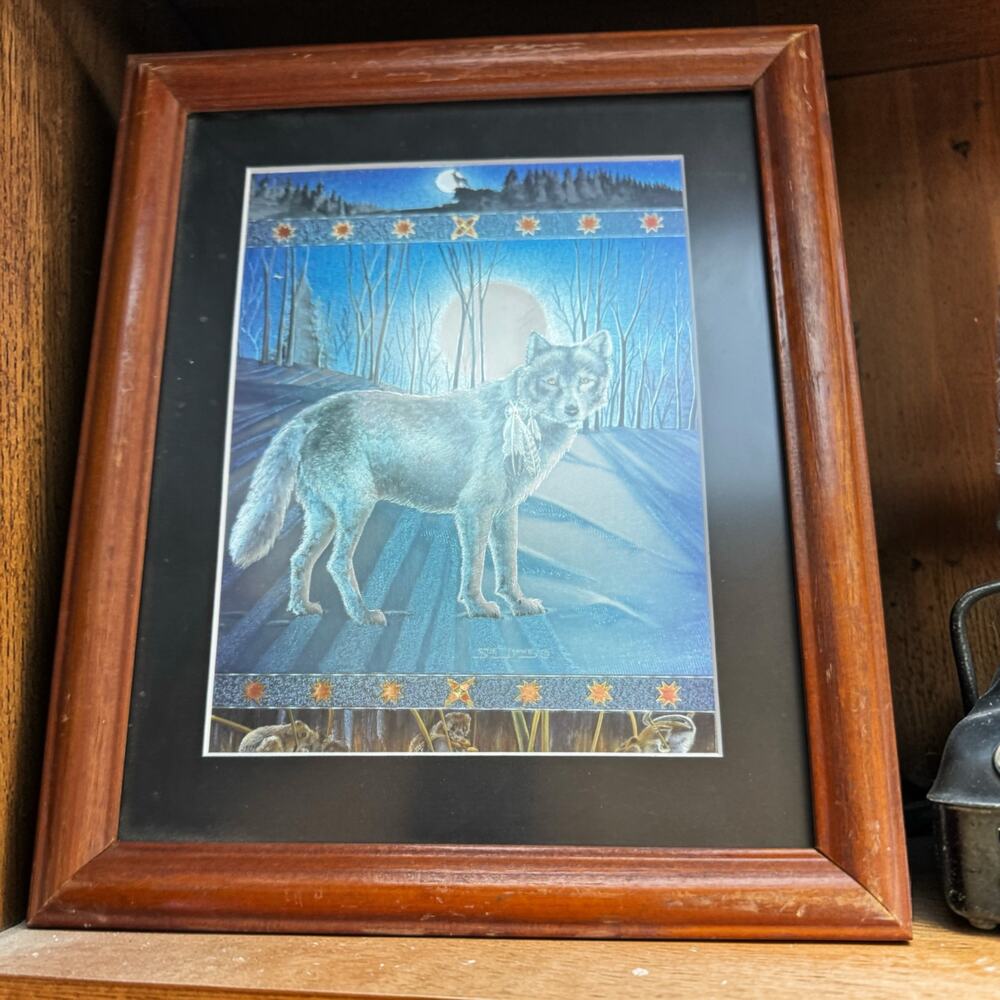 Vintage Sue Dawe Wolf Moon Winter Framed Art Print Native